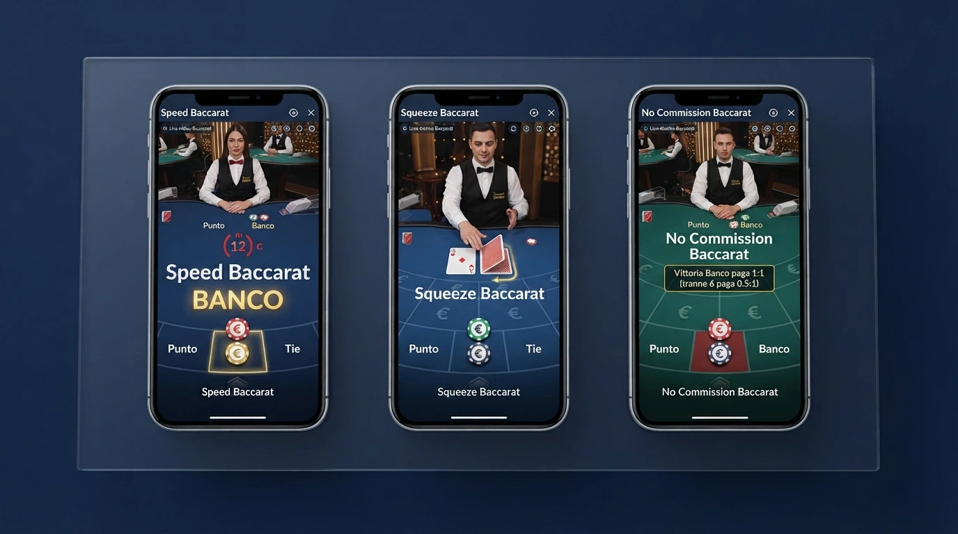 Tre schermate affiancate di varianti baccarat live: interfaccia Speed Baccarat con timer, Squeeze Baccarat con carte parzialmente scoperte, No Commission Baccarat con payout modificato