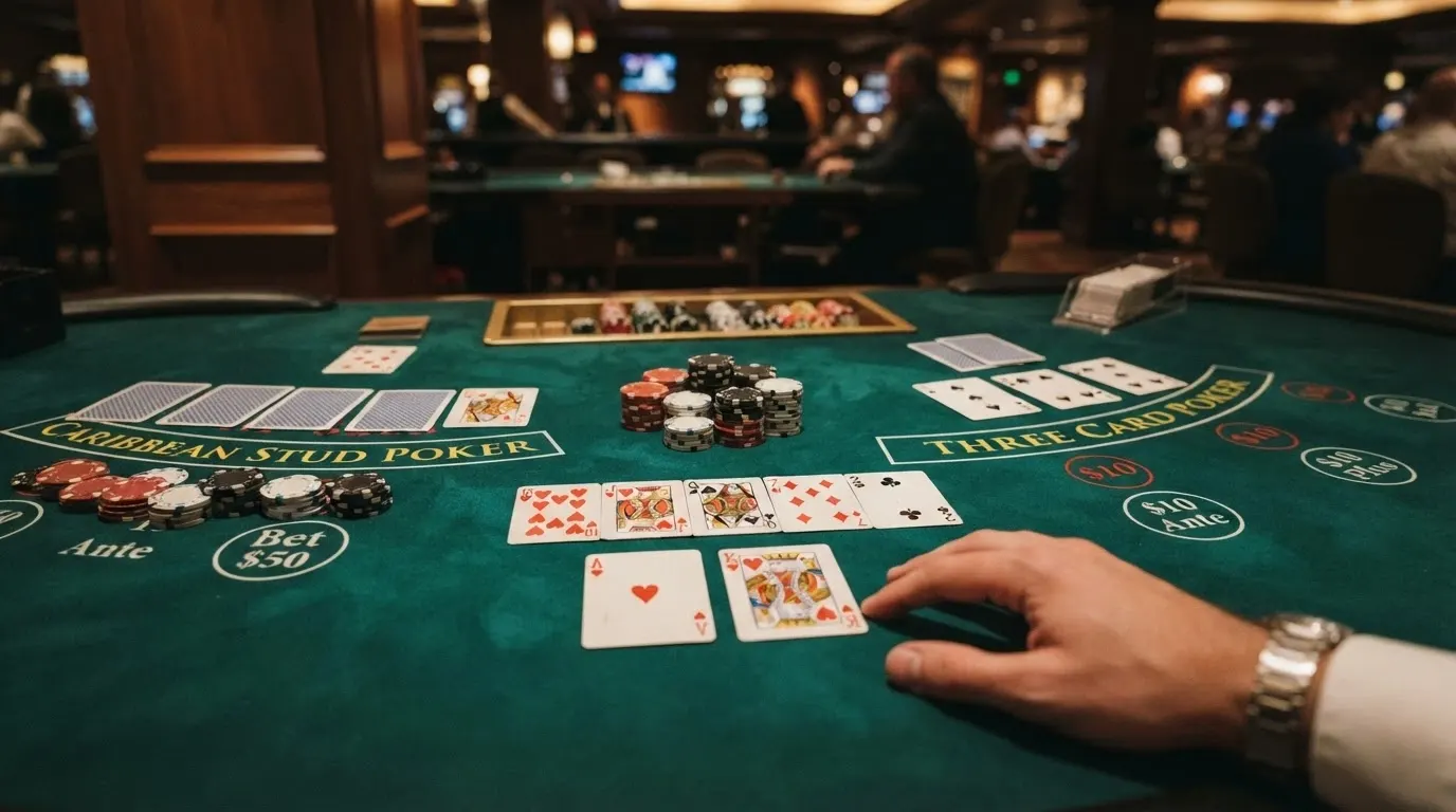 Tre mani di poker a confronto su un tavolo verde: Texas Hold'em, Caribbean Stud Poker e Three Card Poker con chips e carte