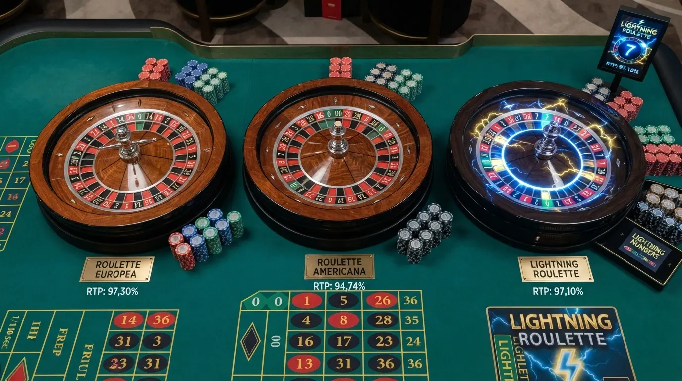 Tre ruote della roulette affiancate — europea (singolo zero), americana (doppio zero) e Lightning con numeri moltiplicatori illuminati — con i rispettivi RTP in etichetta.