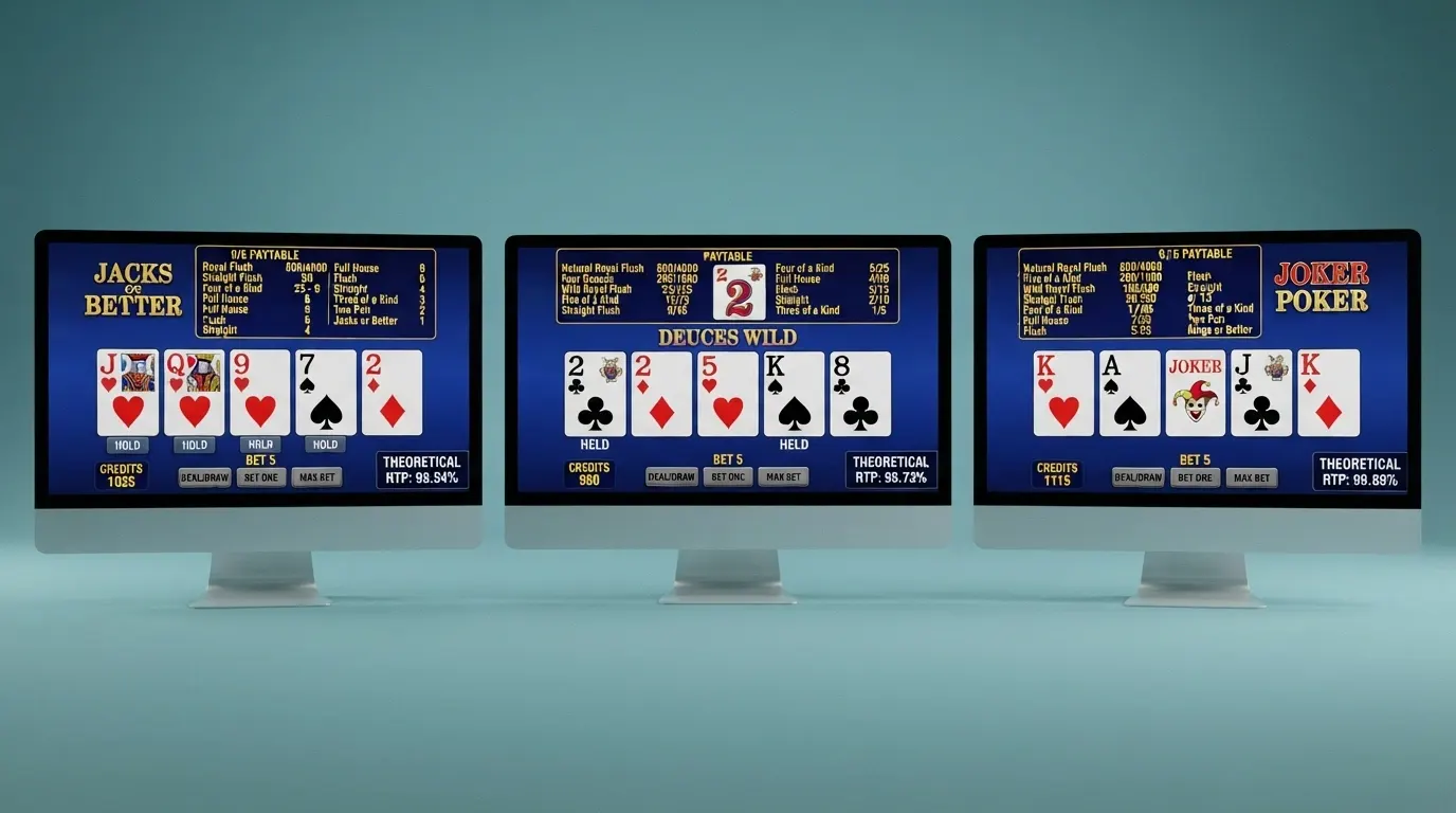 Tre schermate affiancate di Jacks or Better, Deuces Wild e Joker Poker con le rispettive paytable in evidenza e l'RTP teorico sovrapposto a ciascuna