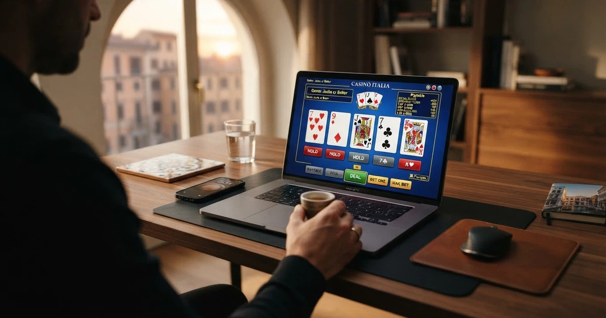 Una schermata di video poker online con cinque carte scoperte sul tavolo verde digitale, la paytable laterale visibile e l'interfaccia di puntata in primo piano