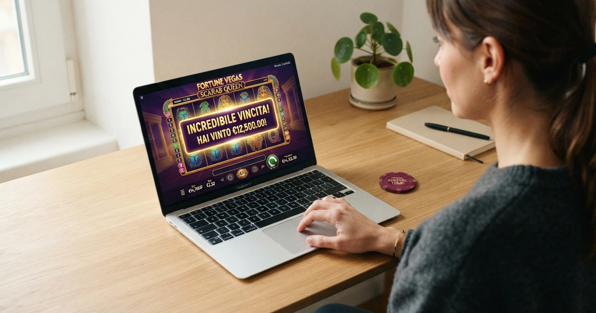 Un giocatore davanti allo schermo di un computer osserva l'interfaccia di un casinò online con una notifica di vincita in evidenza