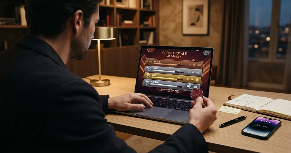 Un giocatore a un tavolo da casinò online con l'interfaccia del programma fedeltà VIP visibile sullo schermo