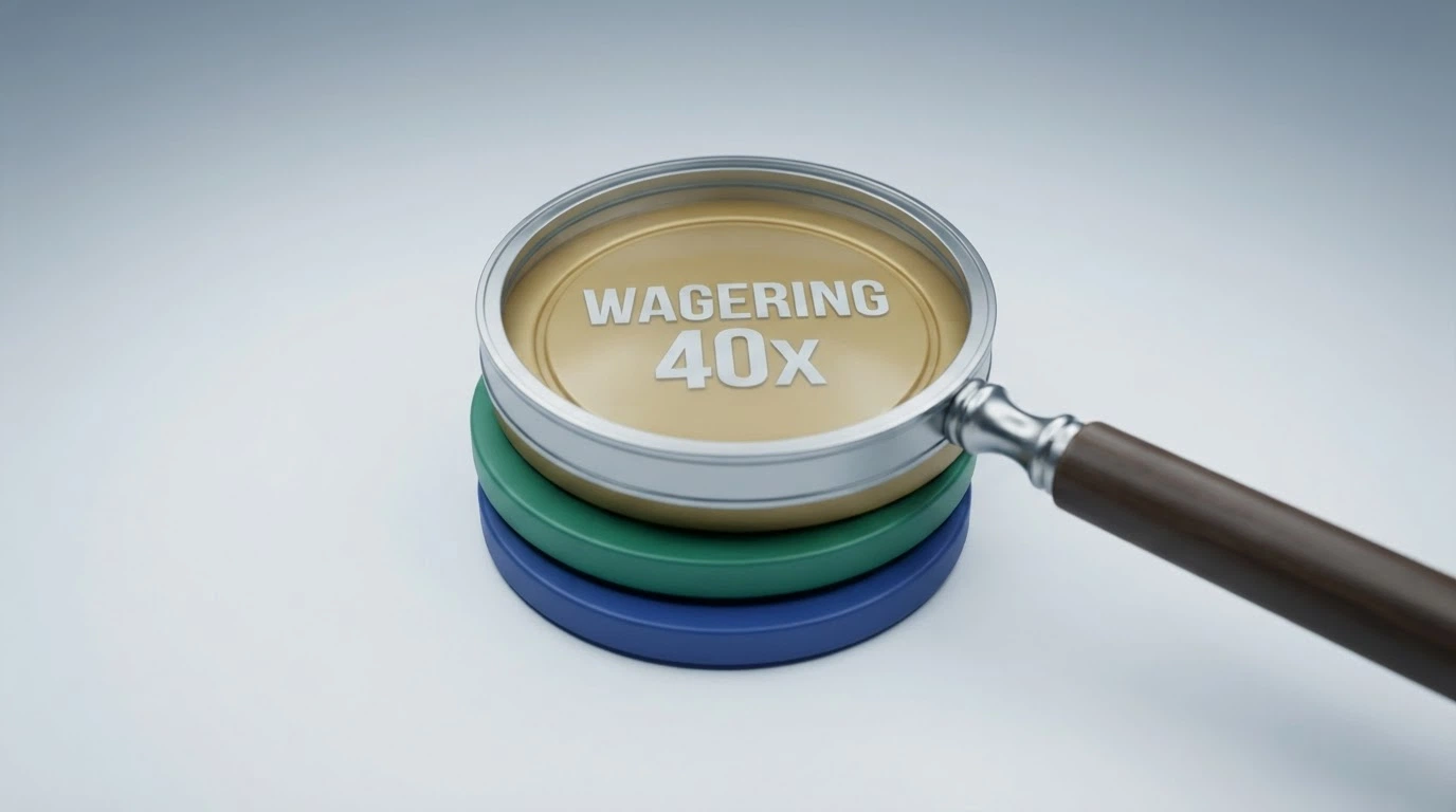 Tre carte di credito impilate con sopra delle fiches da casinò e il simbolo di Ethereum, una lente d'ingrandimento appoggiata sopra rivela il testo «wagering 40x» in piccolo