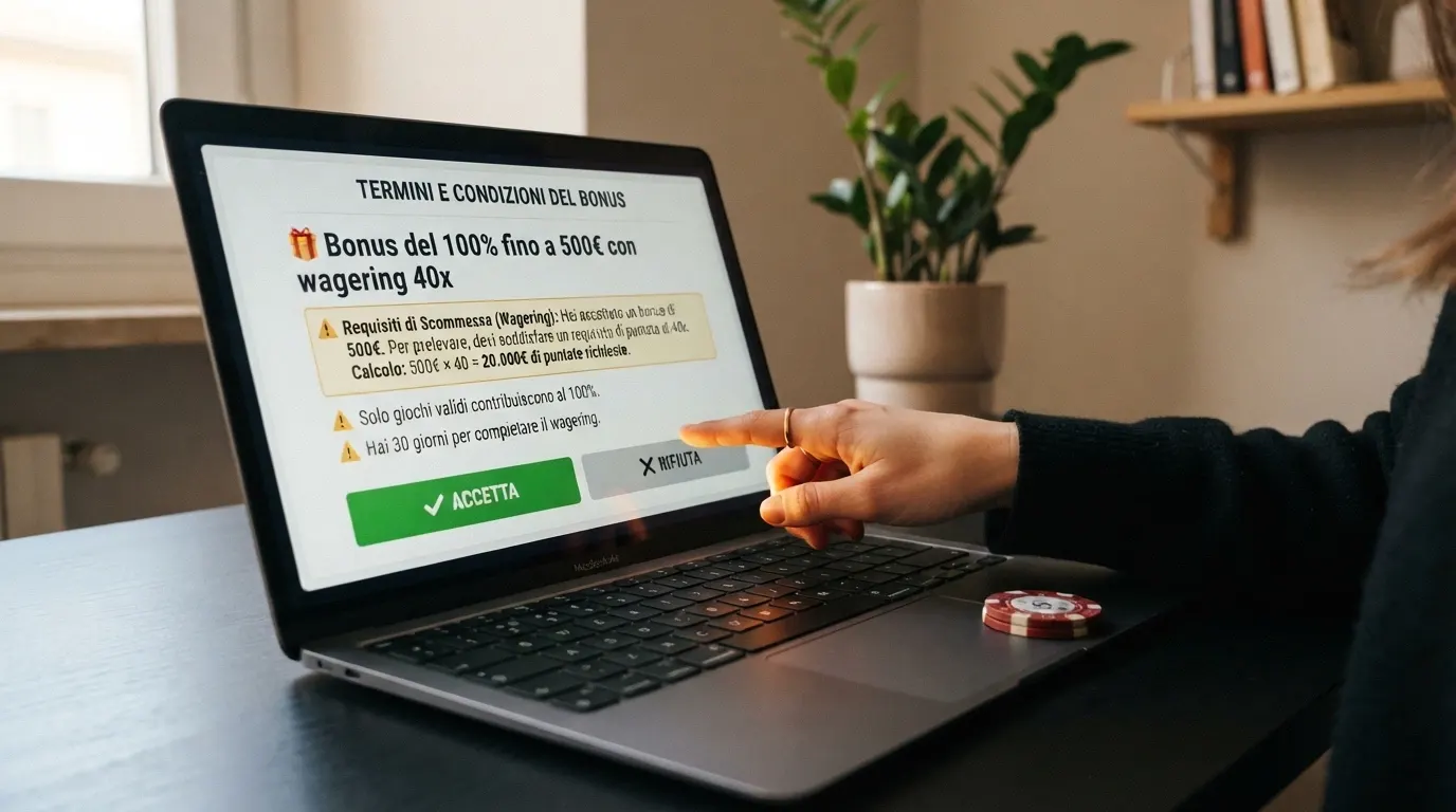 Schermata con i termini di un bonus di benvenuto: percentuale di ricarica, massimale, requisito di puntata e scadenza
